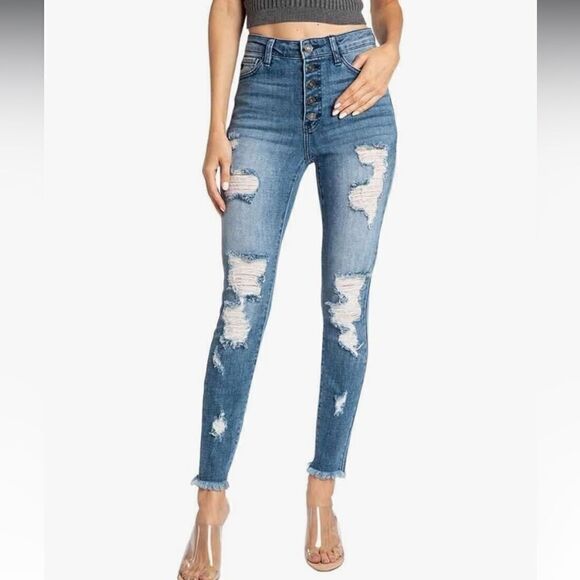 KanCan Heavily Distressed High Waist Buttonfly Midwash Fringe Hem Skinny Jeans - Picture 1 of 9